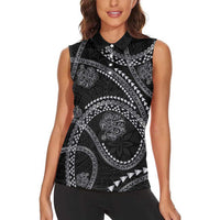 Hawaiian Kakau Art and Hisbiscus Tattoo Women Sleeveless Polo Shirt Tribal Pattern-Silver Style LT03 - Polynesian Pride