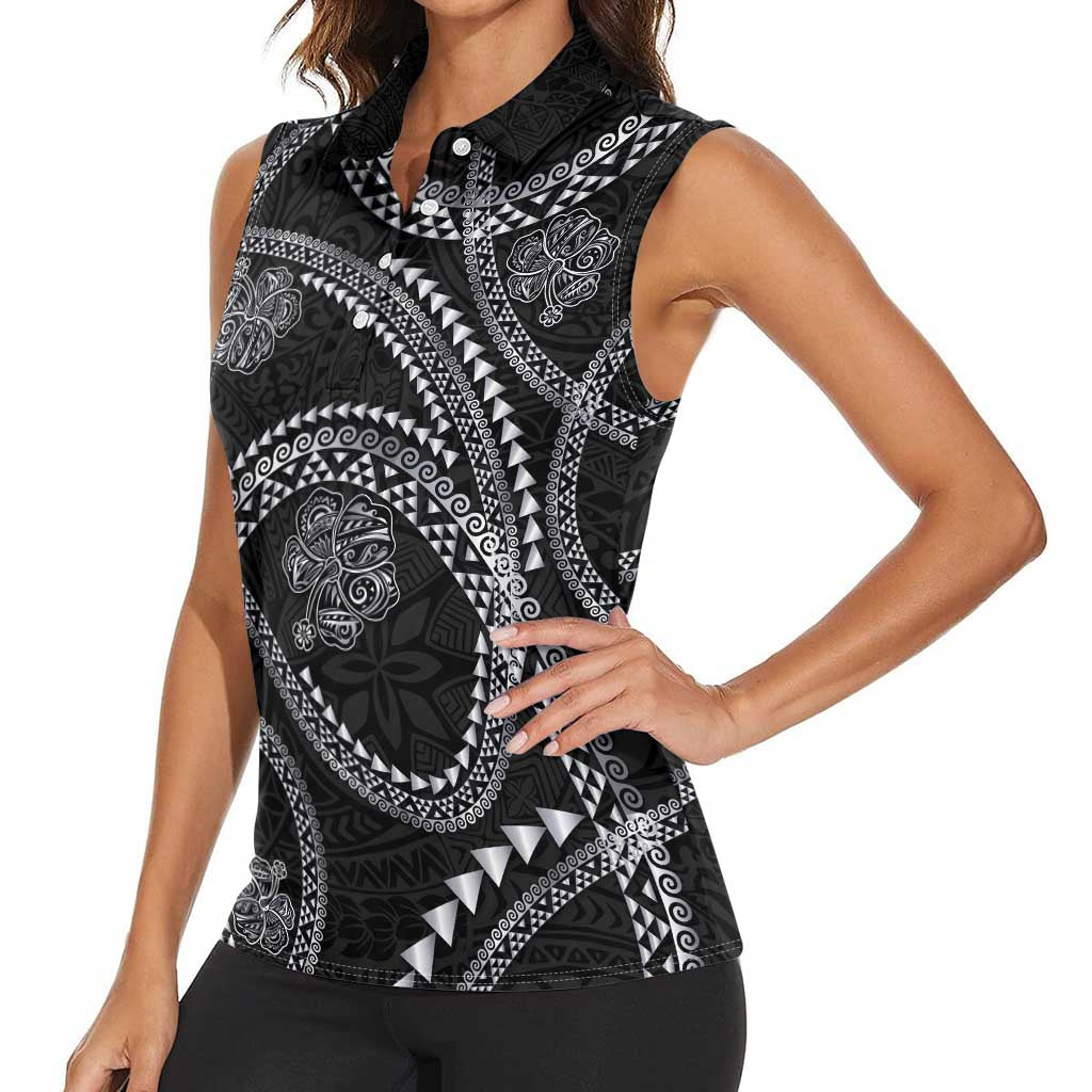 Hawaiian Kakau Art and Hisbiscus Tattoo Women Sleeveless Polo Shirt Tribal Pattern-Silver Style LT03 - Polynesian Pride