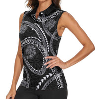 Hawaiian Kakau Art and Hisbiscus Tattoo Women Sleeveless Polo Shirt Tribal Pattern-Silver Style LT03 - Polynesian Pride