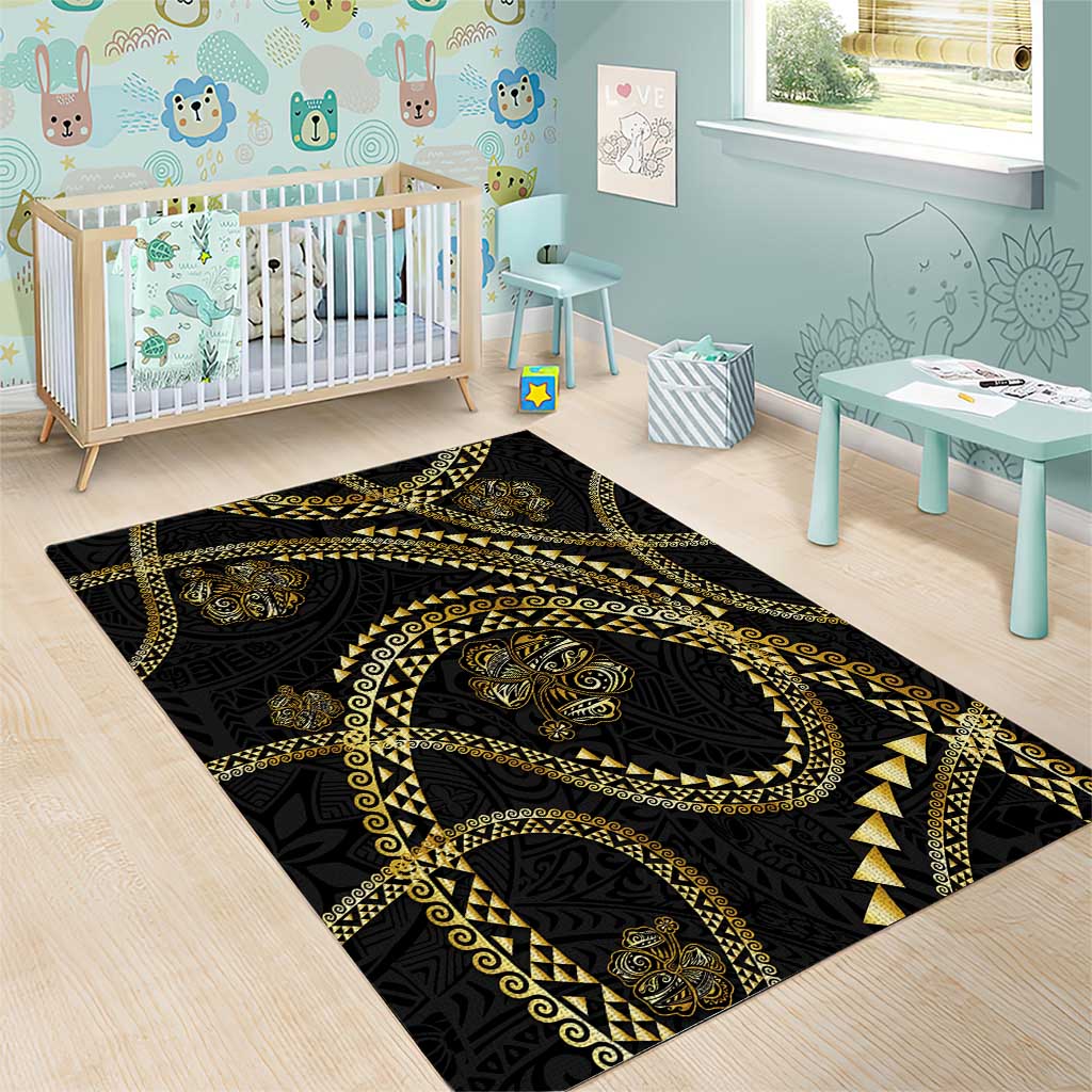 Hawaiian Kakau Art and Hisbiscus Tattoo Area Rug Tribal Pattern-Gold Style - Polynesian Pride