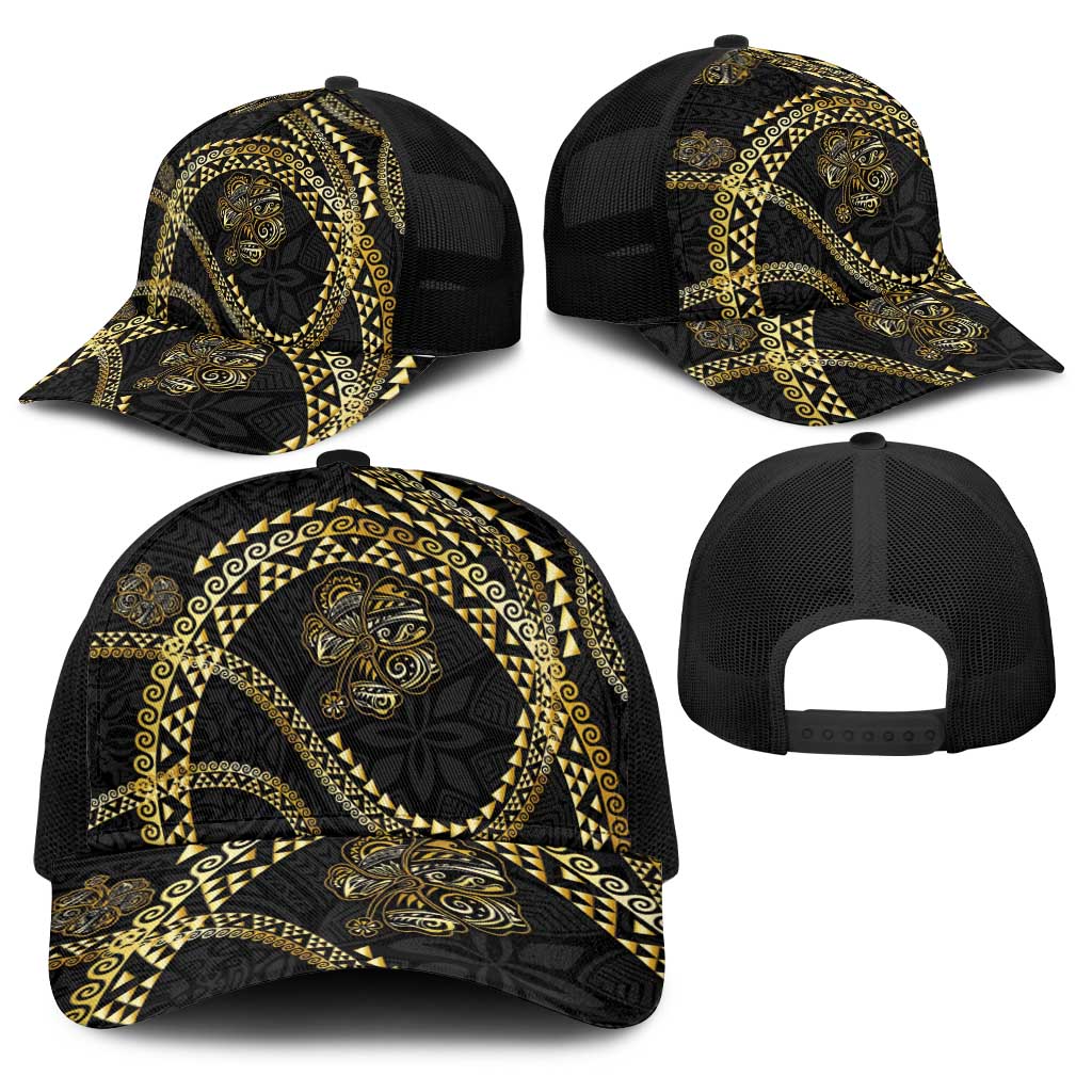 Hawaiian Kakau Art and Hisbiscus Tattoo Baseball Net Cap Tribal Pattern-Gold Style - Polynesian Pride