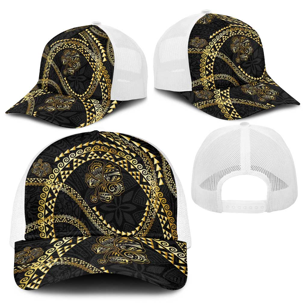 Hawaiian Kakau Art and Hisbiscus Tattoo Baseball Net Cap Tribal Pattern-Gold Style - Polynesian Pride