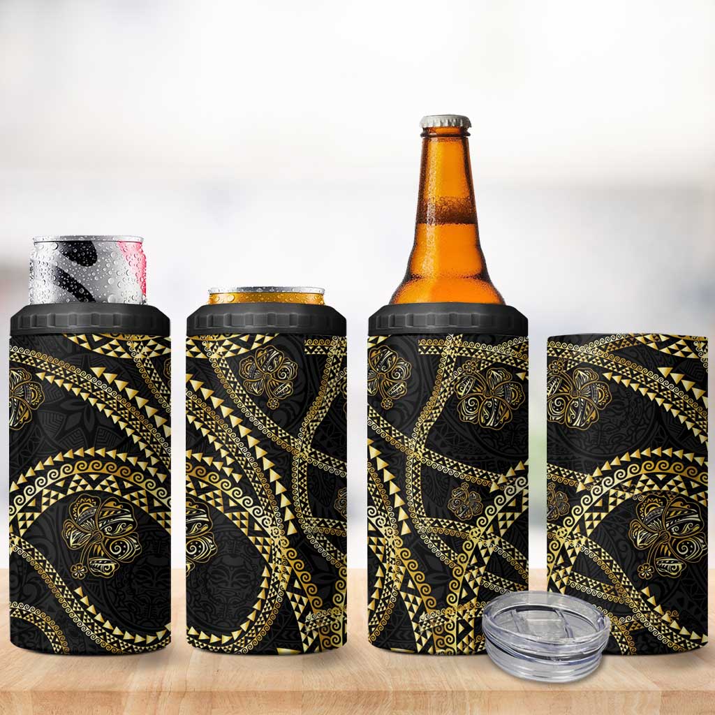Hawaiian Kakau Art and Hisbiscus Tattoo 4 in 1 Can Cooler Tumbler Tribal Pattern-Gold Style LT03 - Polynesian Pride