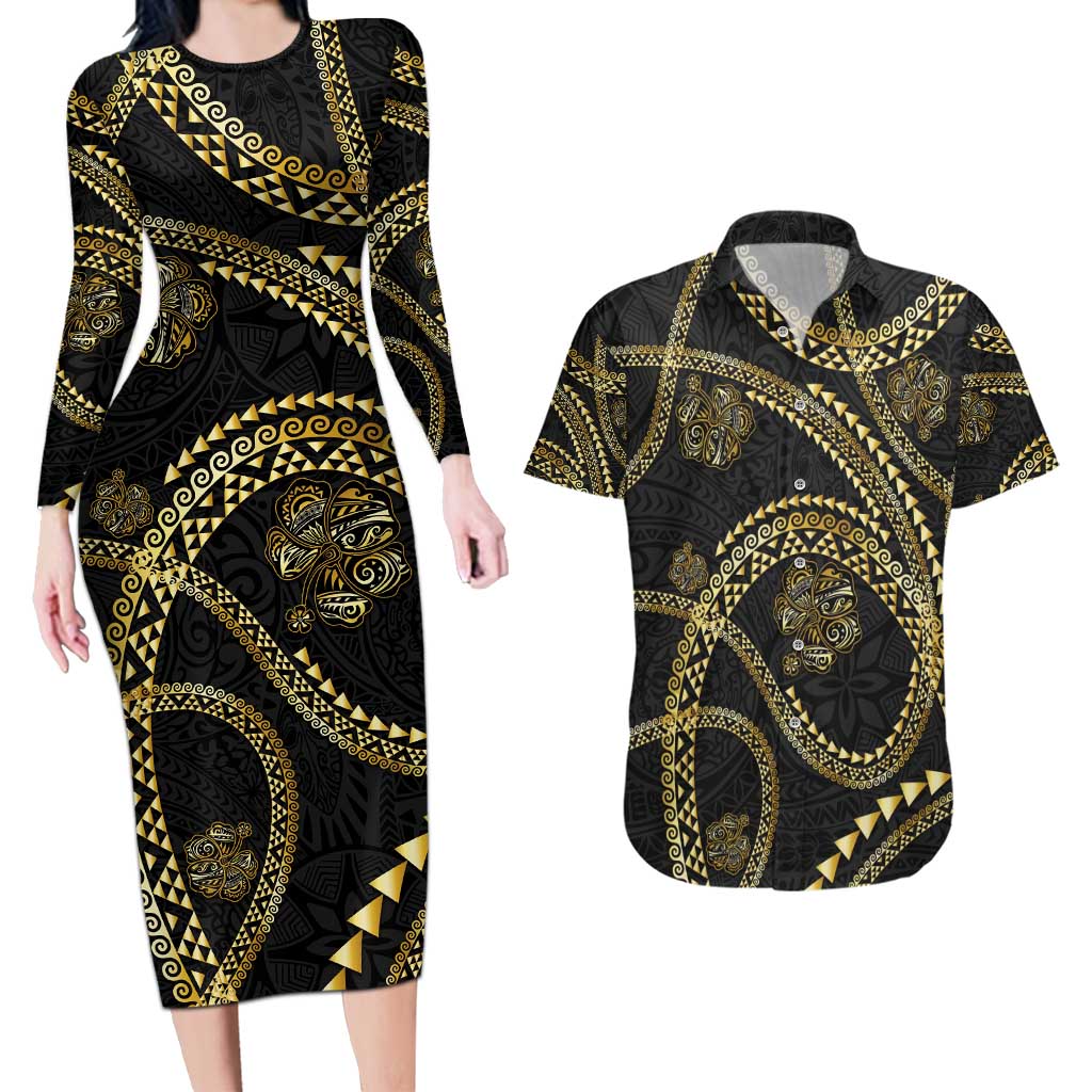 Hawaiian Kakau Art and Hisbiscus Tattoo Couples Matching Long Sleeve Bodycon Dress and Hawaiian Shirt Tribal Pattern-Gold Style LT03 Black - Polynesian Pride