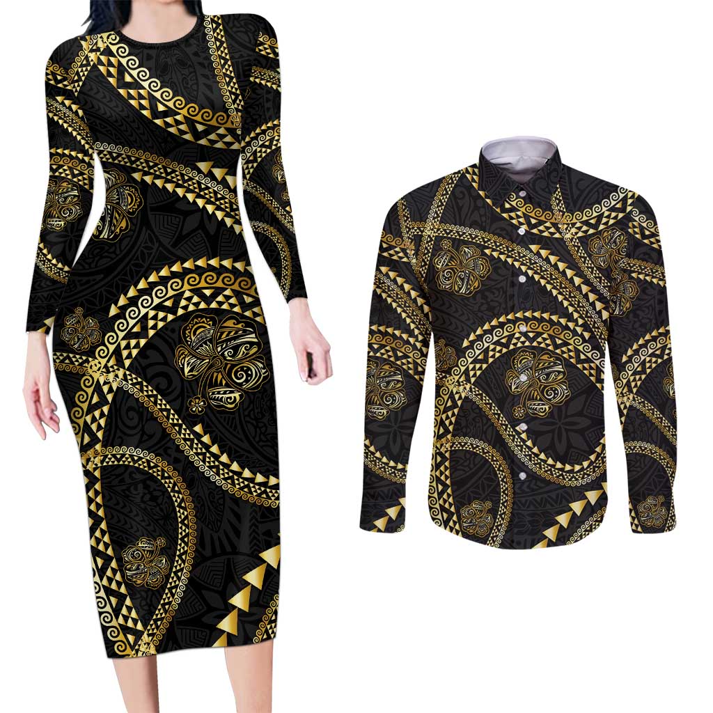 Hawaiian Kakau Art and Hisbiscus Tattoo Couples Matching Long Sleeve Bodycon Dress and Long Sleeve Button Shirt Tribal Pattern-Gold Style LT03 Black - Polynesian Pride