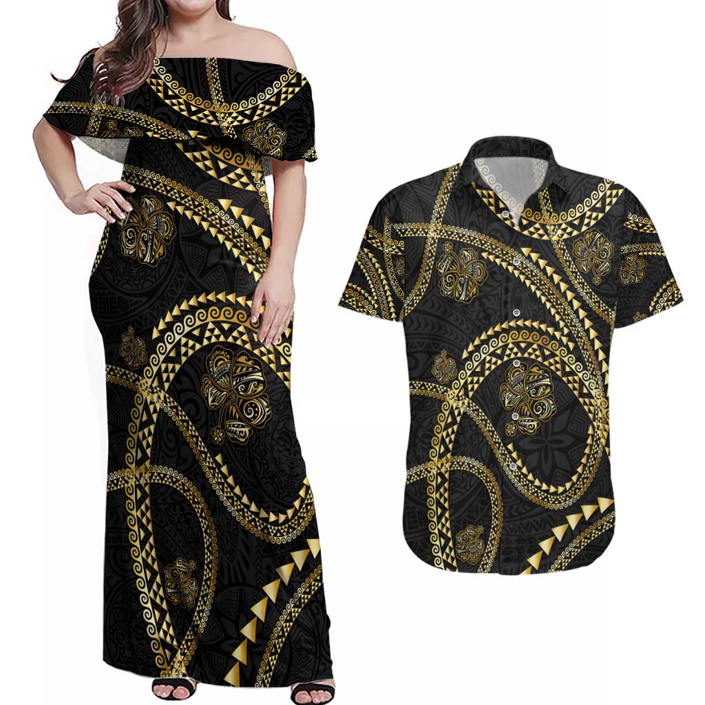 Hawaiian Kakau Art and Hisbiscus Tattoo Couples Matching Off Shoulder Maxi Dress and Hawaiian Shirt Tribal Pattern-Gold Style LT03 Black - Polynesian Pride