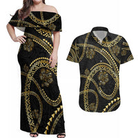 Hawaiian Kakau Art and Hisbiscus Tattoo Couples Matching Off Shoulder Maxi Dress and Hawaiian Shirt Tribal Pattern-Gold Style LT03 Black - Polynesian Pride