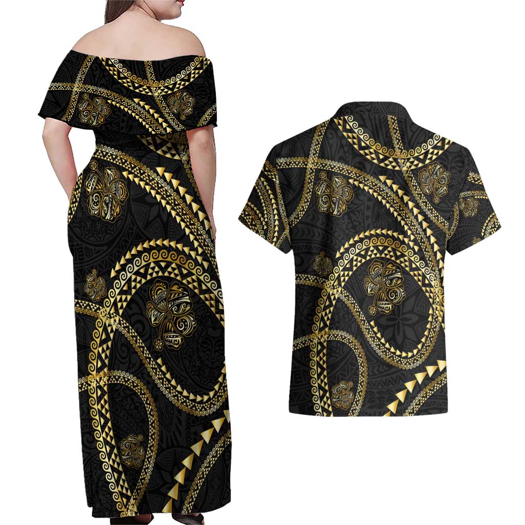 Hawaiian Kakau Art and Hisbiscus Tattoo Couples Matching Off Shoulder Maxi Dress and Hawaiian Shirt Tribal Pattern-Gold Style LT03 - Polynesian Pride