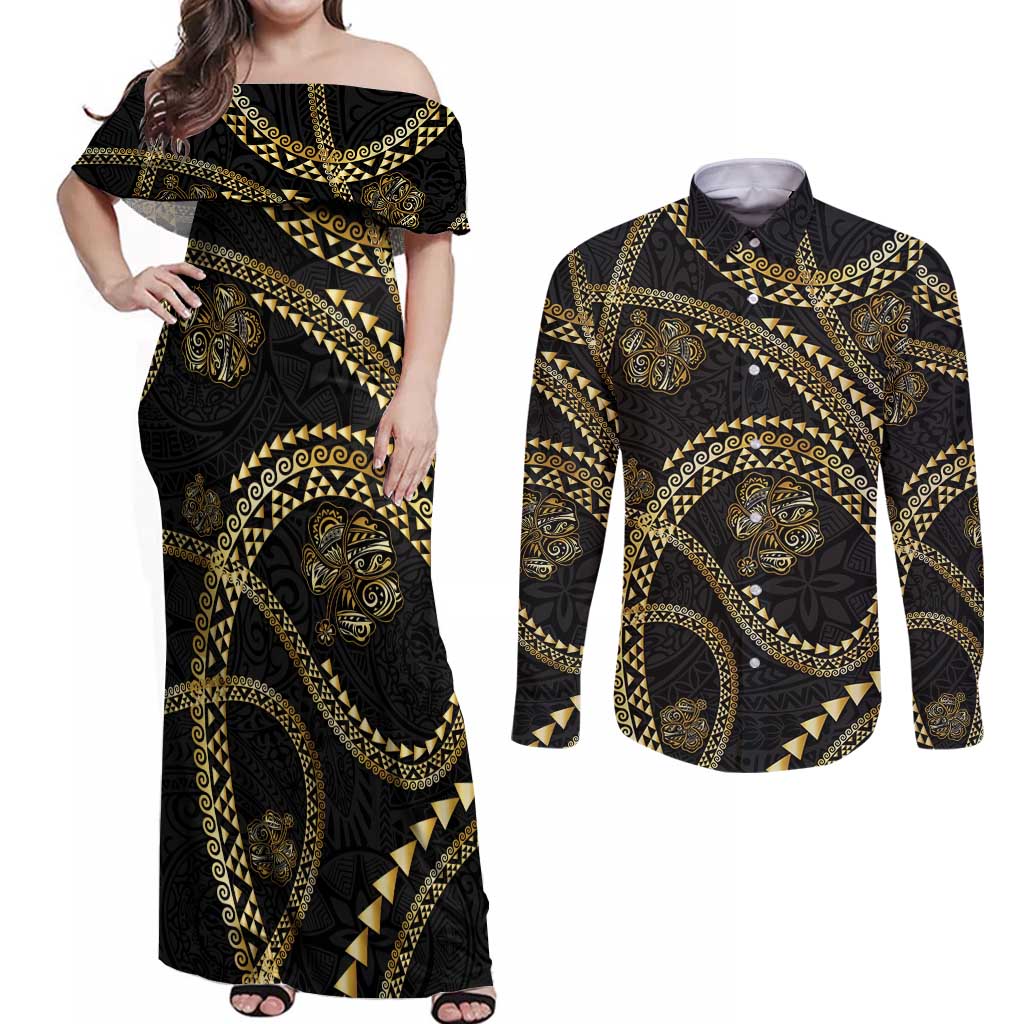 Hawaiian Kakau Art and Hisbiscus Tattoo Couples Matching Off Shoulder Maxi Dress and Long Sleeve Button Shirt Tribal Pattern-Gold Style LT03 Black - Polynesian Pride