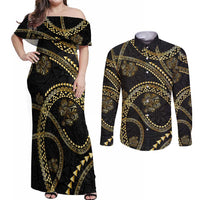 Hawaiian Kakau Art and Hisbiscus Tattoo Couples Matching Off Shoulder Maxi Dress and Long Sleeve Button Shirt Tribal Pattern-Gold Style LT03 Black - Polynesian Pride