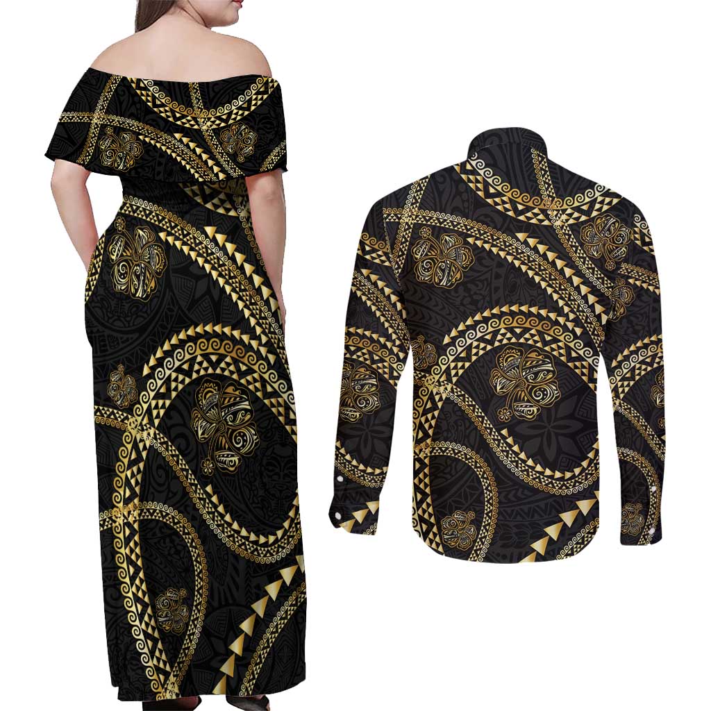 Hawaiian Kakau Art and Hisbiscus Tattoo Couples Matching Off Shoulder Maxi Dress and Long Sleeve Button Shirt Tribal Pattern-Gold Style LT03 - Polynesian Pride