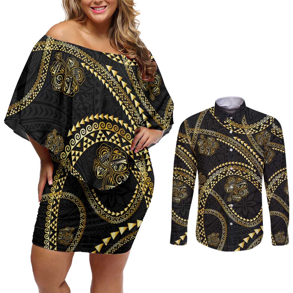 Hawaiian Kakau Art and Hisbiscus Tattoo Couples Matching Off Shoulder Short Dress and Long Sleeve Button Shirt Tribal Pattern-Gold Style LT03 Black - Polynesian Pride