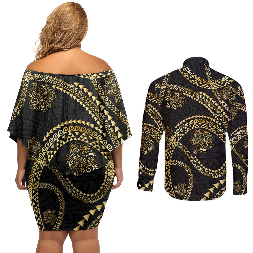 Hawaiian Kakau Art and Hisbiscus Tattoo Couples Matching Off Shoulder Short Dress and Long Sleeve Button Shirt Tribal Pattern-Gold Style LT03 - Polynesian Pride