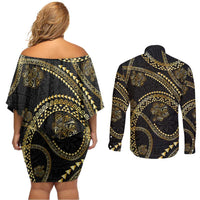 Hawaiian Kakau Art and Hisbiscus Tattoo Couples Matching Off Shoulder Short Dress and Long Sleeve Button Shirt Tribal Pattern-Gold Style LT03 - Polynesian Pride