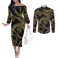 Hawaiian Kakau Art and Hisbiscus Tattoo Couples Matching Off The Shoulder Long Sleeve Dress and Long Sleeve Button Shirt Tribal Pattern-Gold Style LT03 Black - Polynesian Pride