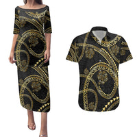Hawaiian Kakau Art and Hisbiscus Tattoo Couples Matching Puletasi and Hawaiian Shirt Tribal Pattern-Gold Style LT03 Black - Polynesian Pride