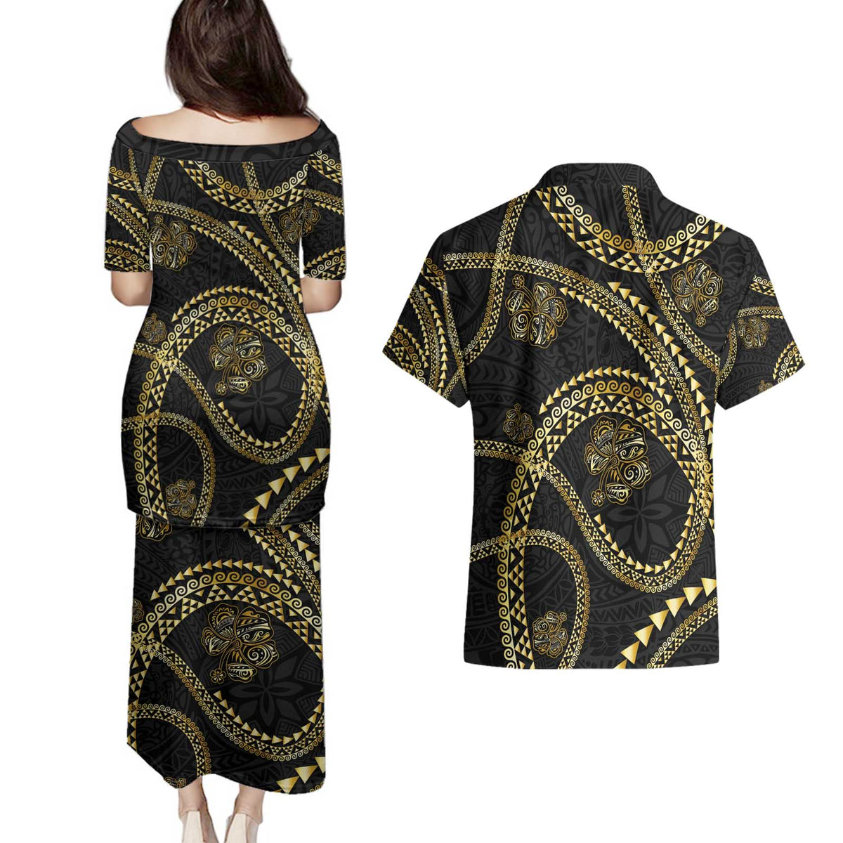 Hawaiian Kakau Art and Hisbiscus Tattoo Couples Matching Puletasi and Hawaiian Shirt Tribal Pattern-Gold Style LT03 - Polynesian Pride