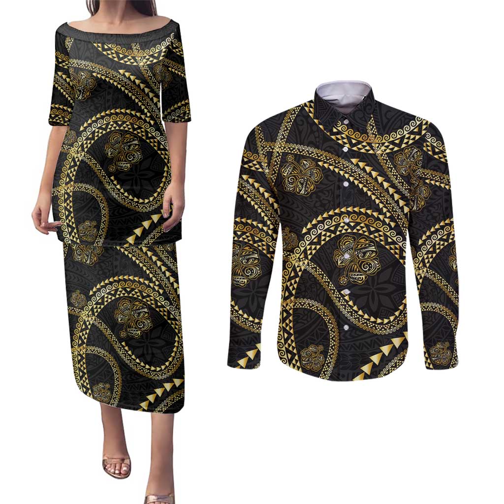 Hawaiian Kakau Art and Hisbiscus Tattoo Couples Matching Puletasi and Long Sleeve Button Shirt Tribal Pattern-Gold Style LT03 Black - Polynesian Pride