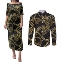 Hawaiian Kakau Art and Hisbiscus Tattoo Couples Matching Puletasi and Long Sleeve Button Shirt Tribal Pattern-Gold Style LT03 Black - Polynesian Pride