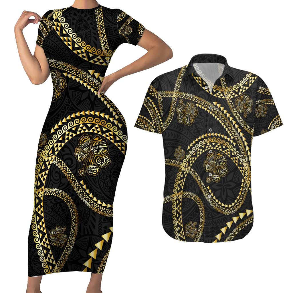 Hawaiian Kakau Art and Hisbiscus Tattoo Couples Matching Short Sleeve Bodycon Dress and Hawaiian Shirt Tribal Pattern-Gold Style LT03 Black - Polynesian Pride