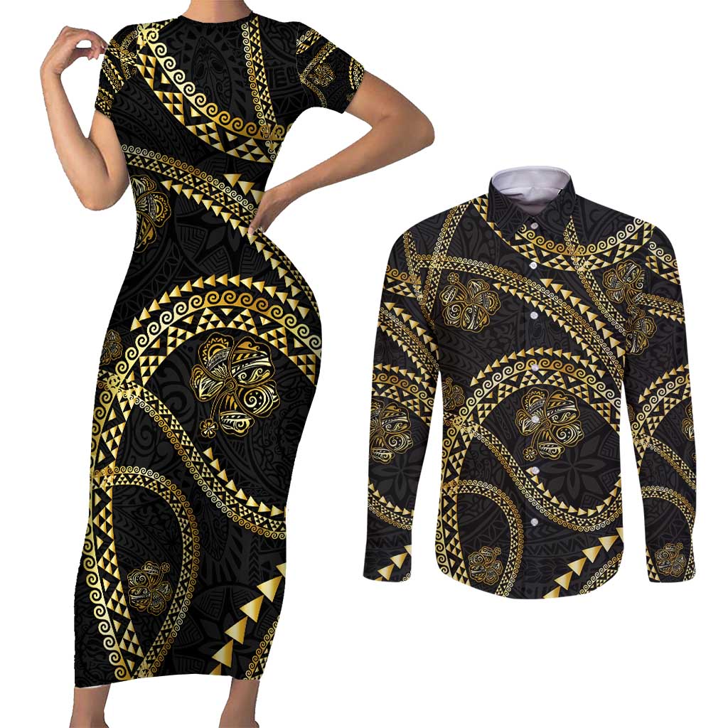 Hawaiian Kakau Art and Hisbiscus Tattoo Couples Matching Short Sleeve Bodycon Dress and Long Sleeve Button Shirt Tribal Pattern-Gold Style LT03 Black - Polynesian Pride