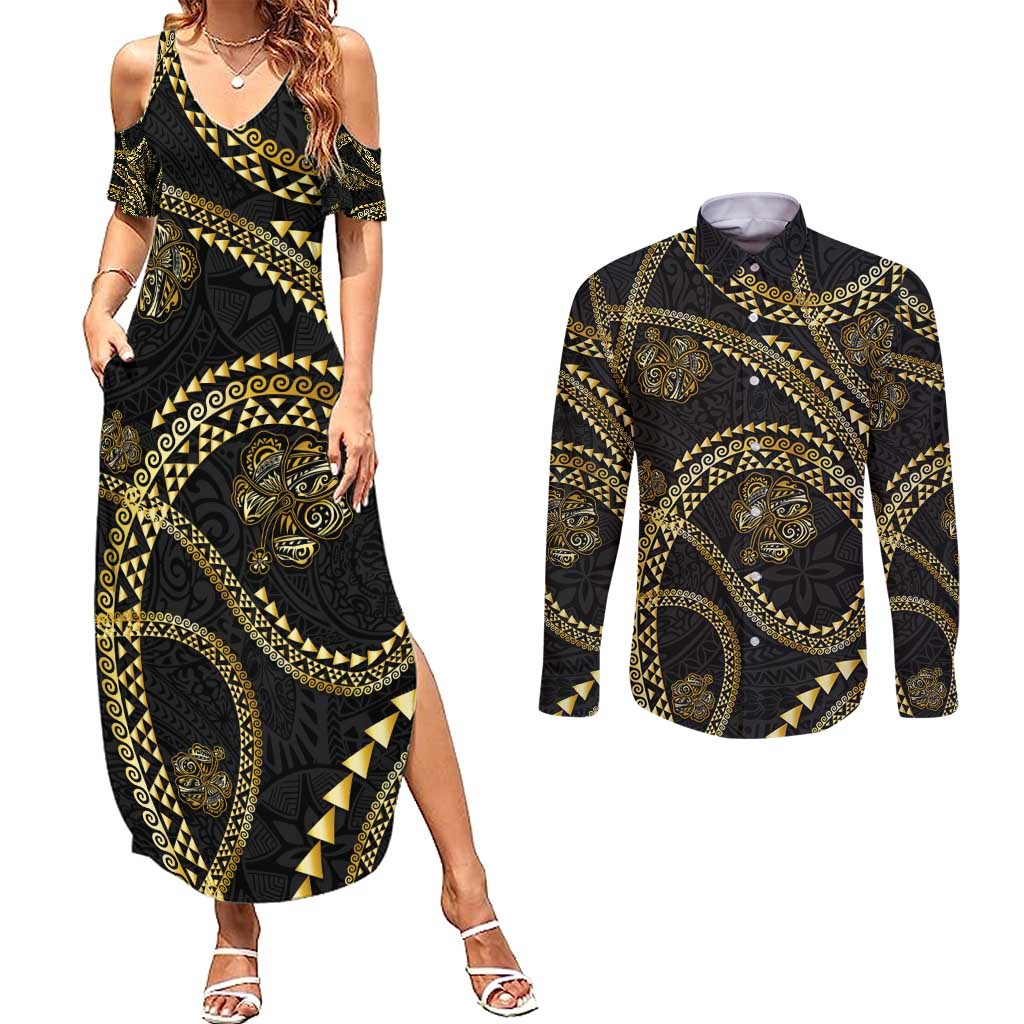 Hawaiian Kakau Art and Hisbiscus Tattoo Couples Matching Summer Maxi Dress and Long Sleeve Button Shirt Tribal Pattern-Gold Style LT03 Black - Polynesian Pride