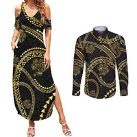 Hawaiian Kakau Art and Hisbiscus Tattoo Couples Matching Summer Maxi Dress and Long Sleeve Button Shirt Tribal Pattern-Gold Style LT03 Black - Polynesian Pride