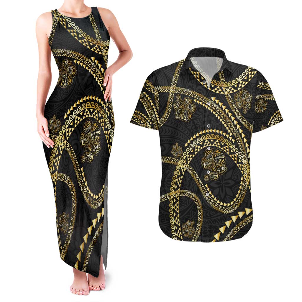 Hawaiian Kakau Art and Hisbiscus Tattoo Couples Matching Tank Maxi Dress and Hawaiian Shirt Tribal Pattern-Gold Style LT03 Black - Polynesian Pride