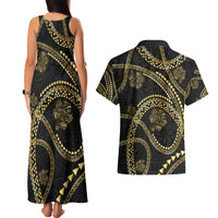 Hawaiian Kakau Art and Hisbiscus Tattoo Couples Matching Tank Maxi Dress and Hawaiian Shirt Tribal Pattern-Gold Style LT03 - Polynesian Pride