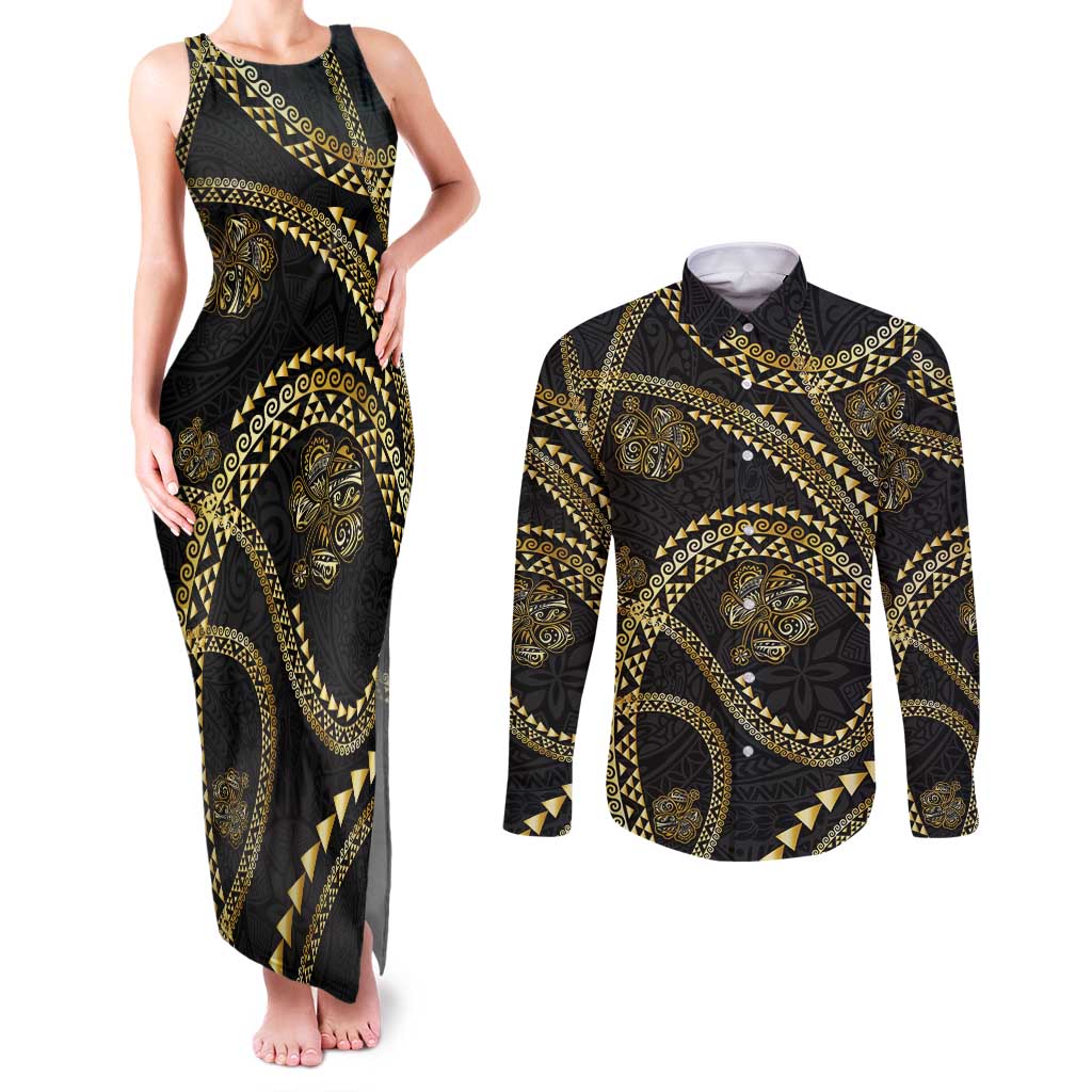 Hawaiian Kakau Art and Hisbiscus Tattoo Couples Matching Tank Maxi Dress and Long Sleeve Button Shirt Tribal Pattern-Gold Style LT03 Black - Polynesian Pride