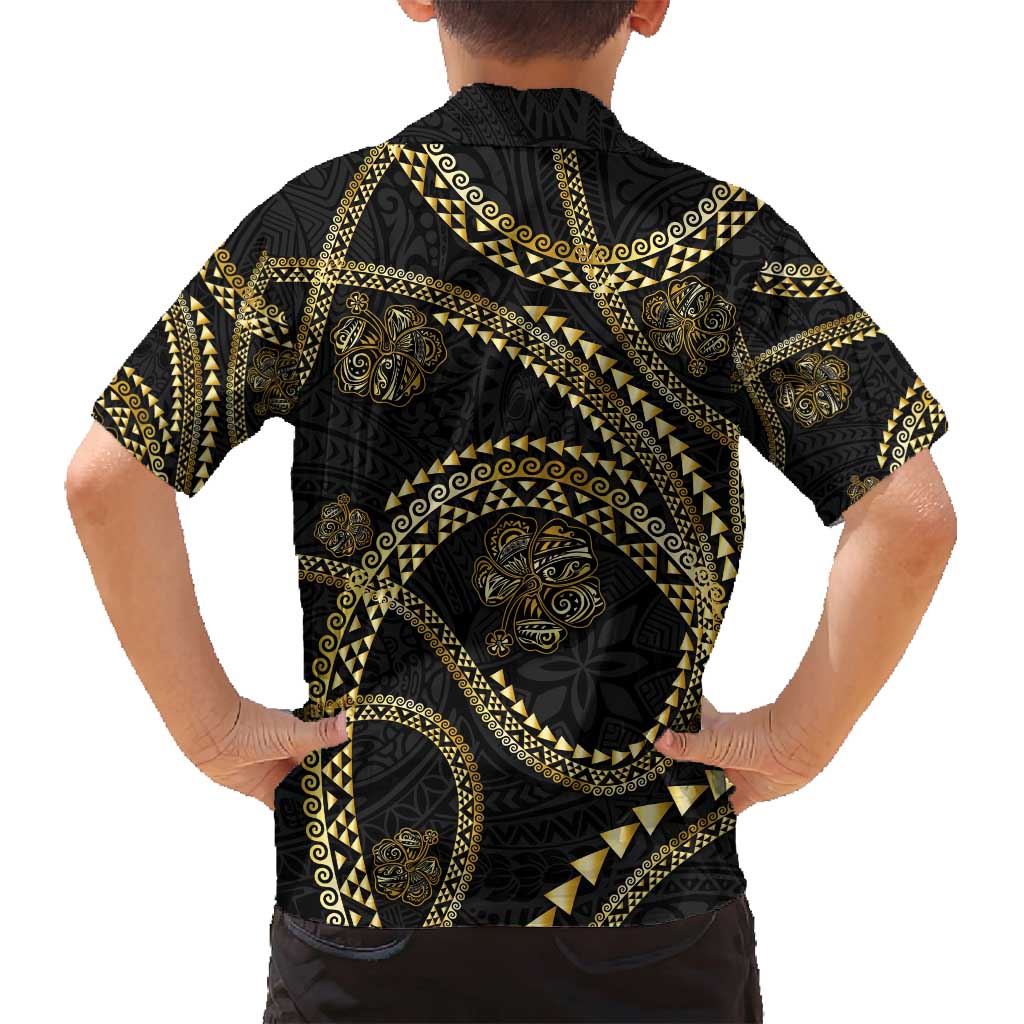 Hawaiian Kakau Art and Hisbiscus Tattoo Family Matching Long Sleeve Bodycon Dress and Hawaiian Shirt Tribal Pattern-Gold Style LT03 - Polynesian Pride