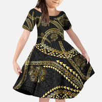 Hawaiian Kakau Art and Hisbiscus Tattoo Family Matching Long Sleeve Bodycon Dress and Hawaiian Shirt Tribal Pattern-Gold Style LT03 Daughter's Dress Black - Polynesian Pride