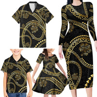 Hawaiian Kakau Art and Hisbiscus Tattoo Family Matching Long Sleeve Bodycon Dress and Hawaiian Shirt Tribal Pattern-Gold Style LT03 - Polynesian Pride