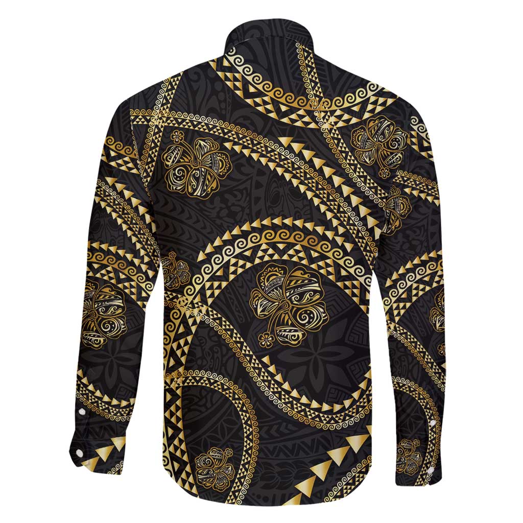 Hawaiian Kakau Art and Hisbiscus Tattoo Family Matching Long Sleeve Bodycon Dress and Hawaiian Shirt Tribal Pattern-Gold Style LT03 - Polynesian Pride