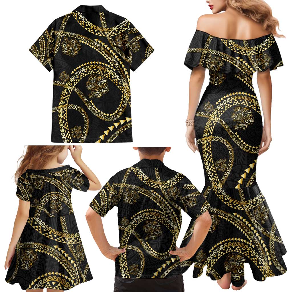 Hawaiian Kakau Art and Hisbiscus Tattoo Family Matching Mermaid Dress and Hawaiian Shirt Tribal Pattern-Gold Style LT03 - Polynesian Pride