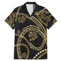 Hawaiian Kakau Art and Hisbiscus Tattoo Family Matching Mermaid Dress and Hawaiian Shirt Tribal Pattern-Gold Style LT03 Dad's Shirt - Short Sleeve Black - Polynesian Pride
