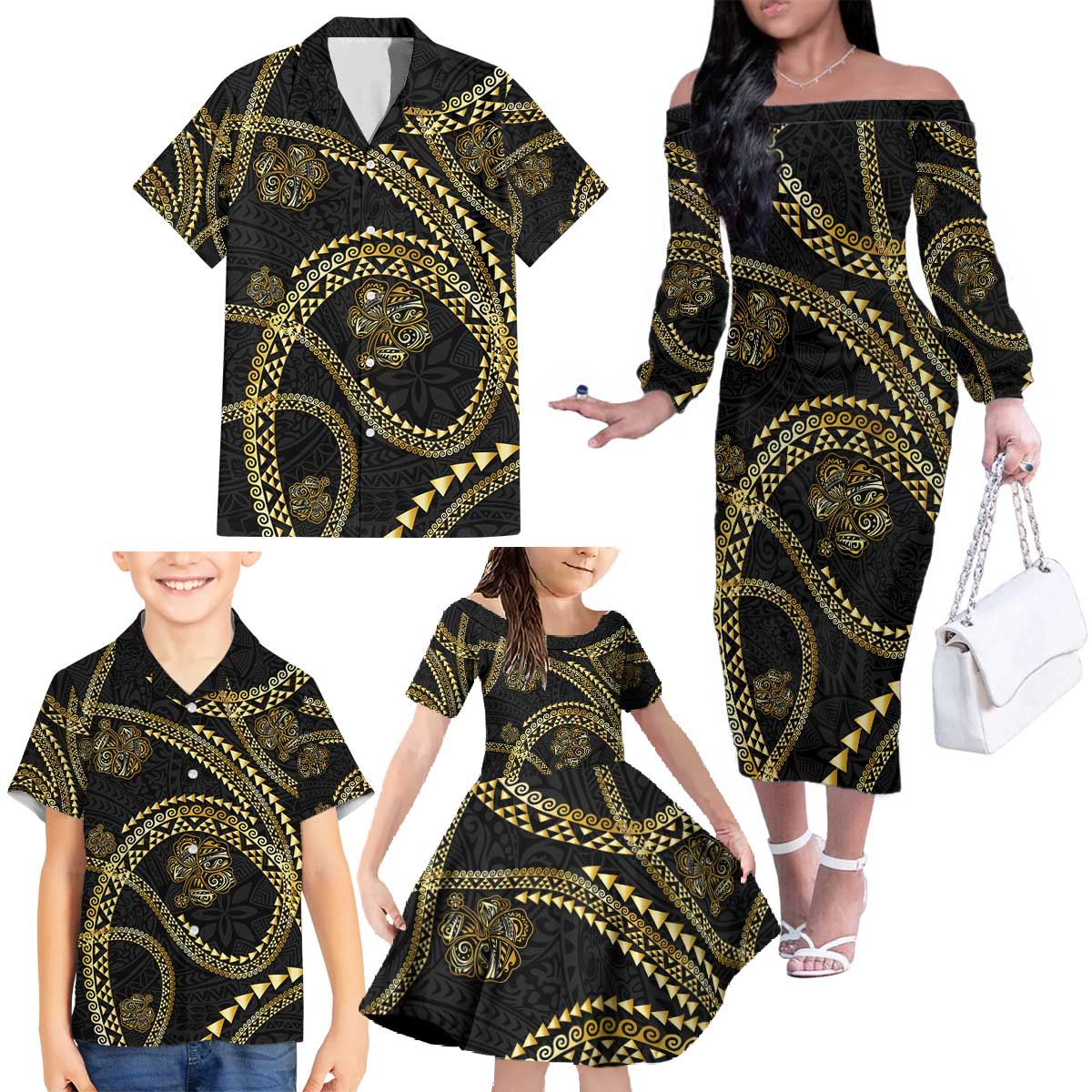 Hawaiian Kakau Art and Hisbiscus Tattoo Family Matching Off The Shoulder Long Sleeve Dress and Hawaiian Shirt Tribal Pattern-Gold Style LT03 - Polynesian Pride