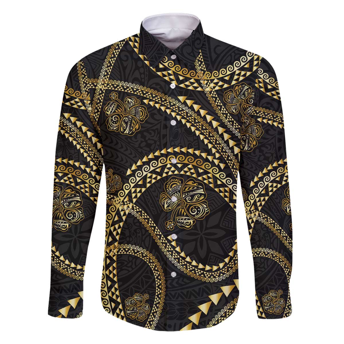 Hawaiian Kakau Art and Hisbiscus Tattoo Family Matching Off The Shoulder Long Sleeve Dress and Hawaiian Shirt Tribal Pattern-Gold Style LT03 Dad's Shirt - Long Sleeve Black - Polynesian Pride
