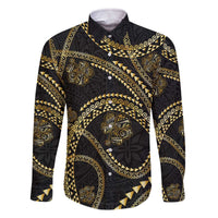 Hawaiian Kakau Art and Hisbiscus Tattoo Family Matching Off The Shoulder Long Sleeve Dress and Hawaiian Shirt Tribal Pattern-Gold Style LT03 Dad's Shirt - Long Sleeve Black - Polynesian Pride