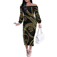 Hawaiian Kakau Art and Hisbiscus Tattoo Family Matching Off The Shoulder Long Sleeve Dress and Hawaiian Shirt Tribal Pattern-Gold Style LT03 Mom's Dress Black - Polynesian Pride