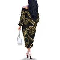 Hawaiian Kakau Art and Hisbiscus Tattoo Family Matching Off The Shoulder Long Sleeve Dress and Hawaiian Shirt Tribal Pattern-Gold Style LT03 - Polynesian Pride