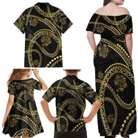 Hawaiian Kakau Art and Hisbiscus Tattoo Family Matching Off Shoulder Maxi Dress and Hawaiian Shirt Tribal Pattern-Gold Style LT03 - Polynesian Pride
