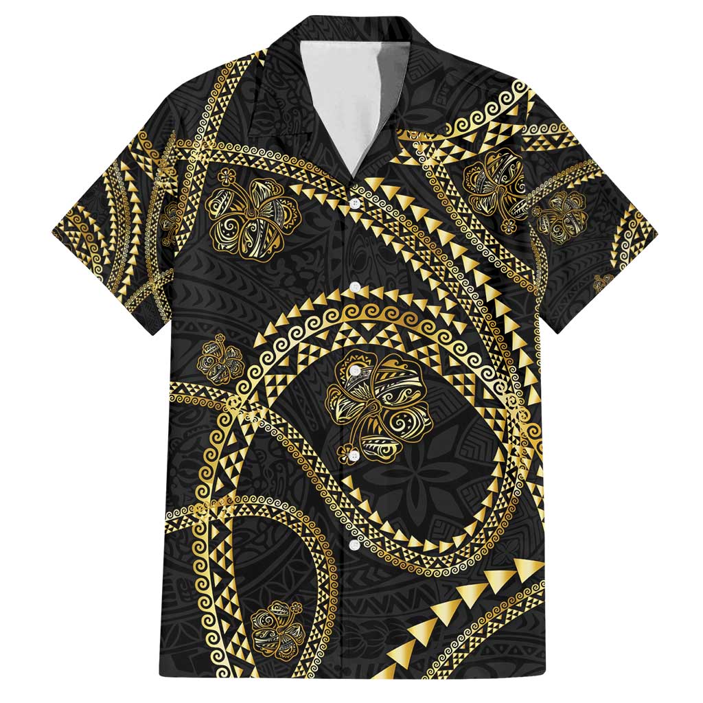 Hawaiian Kakau Art and Hisbiscus Tattoo Family Matching Off Shoulder Maxi Dress and Hawaiian Shirt Tribal Pattern-Gold Style LT03 Dad's Shirt - Short Sleeve Black - Polynesian Pride