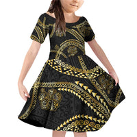 Hawaiian Kakau Art and Hisbiscus Tattoo Family Matching Off Shoulder Short Dress and Hawaiian Shirt Tribal Pattern-Gold Style LT03 Daughter's Dress Black - Polynesian Pride