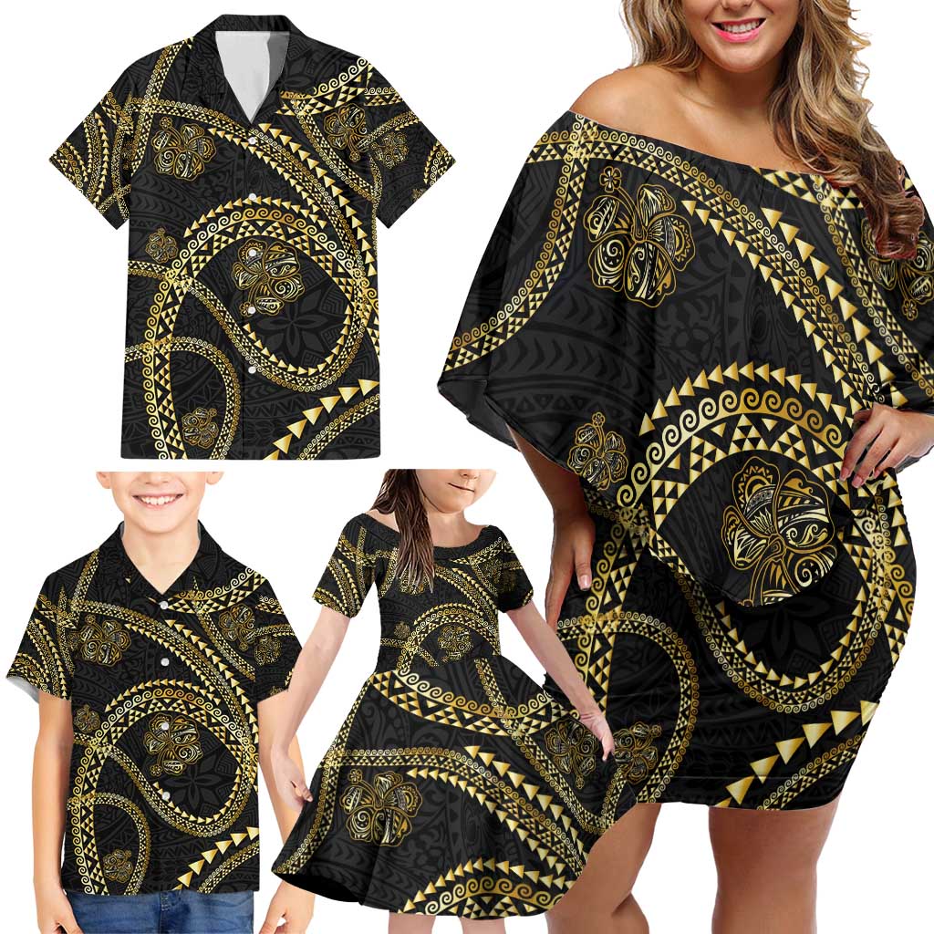 Hawaiian Kakau Art and Hisbiscus Tattoo Family Matching Off Shoulder Short Dress and Hawaiian Shirt Tribal Pattern-Gold Style LT03 - Polynesian Pride