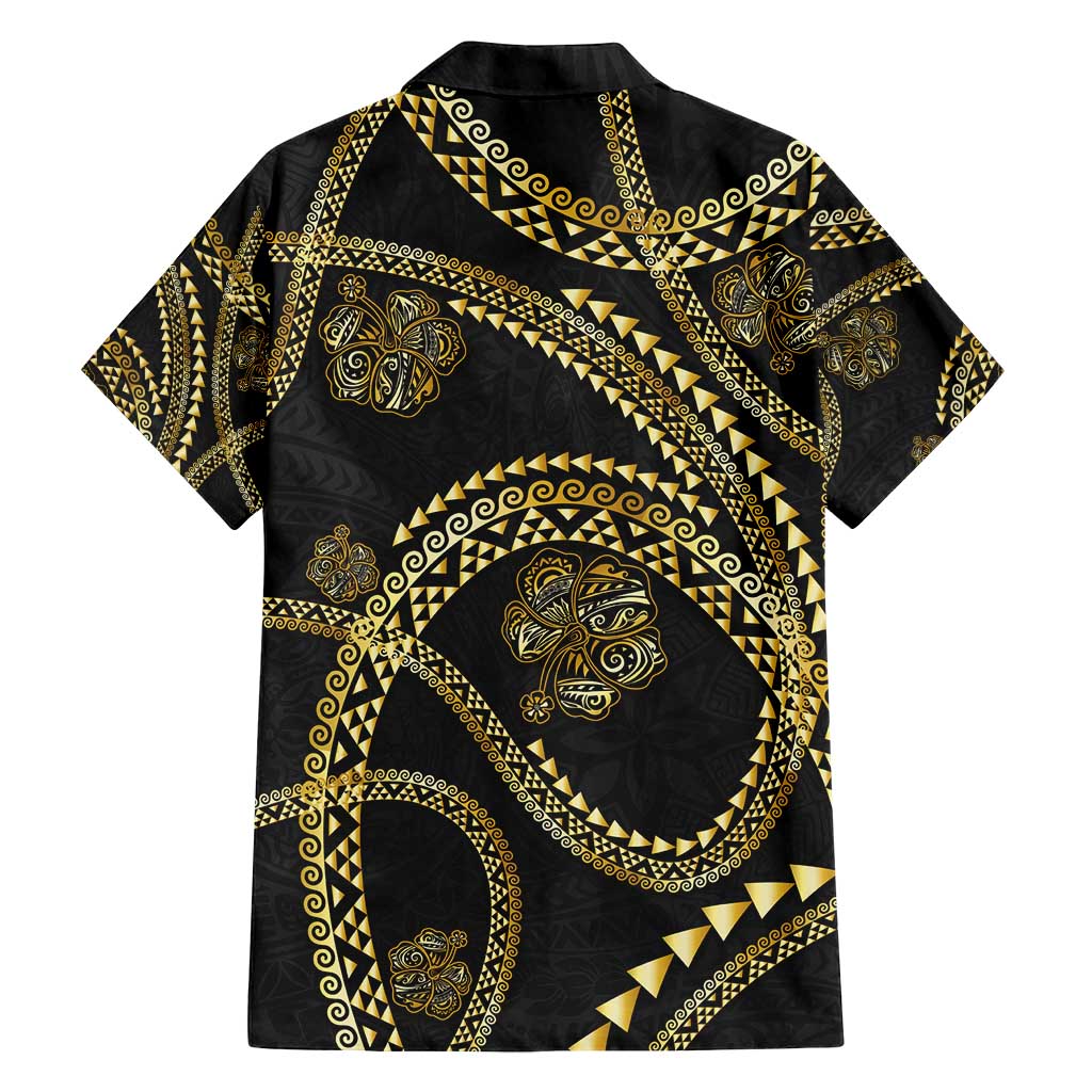 Hawaiian Kakau Art and Hisbiscus Tattoo Family Matching Off Shoulder Short Dress and Hawaiian Shirt Tribal Pattern-Gold Style LT03 - Polynesian Pride