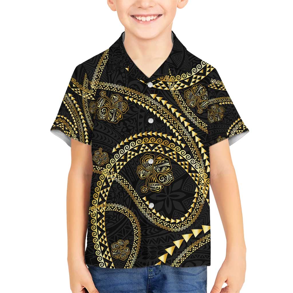 Hawaiian Kakau Art and Hisbiscus Tattoo Family Matching Off Shoulder Short Dress and Hawaiian Shirt Tribal Pattern-Gold Style LT03 Son's Shirt Black - Polynesian Pride