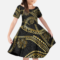 Hawaiian Kakau Art and Hisbiscus Tattoo Family Matching Puletasi and Hawaiian Shirt Tribal Pattern-Gold Style LT03 Daughter's Dress Black - Polynesian Pride