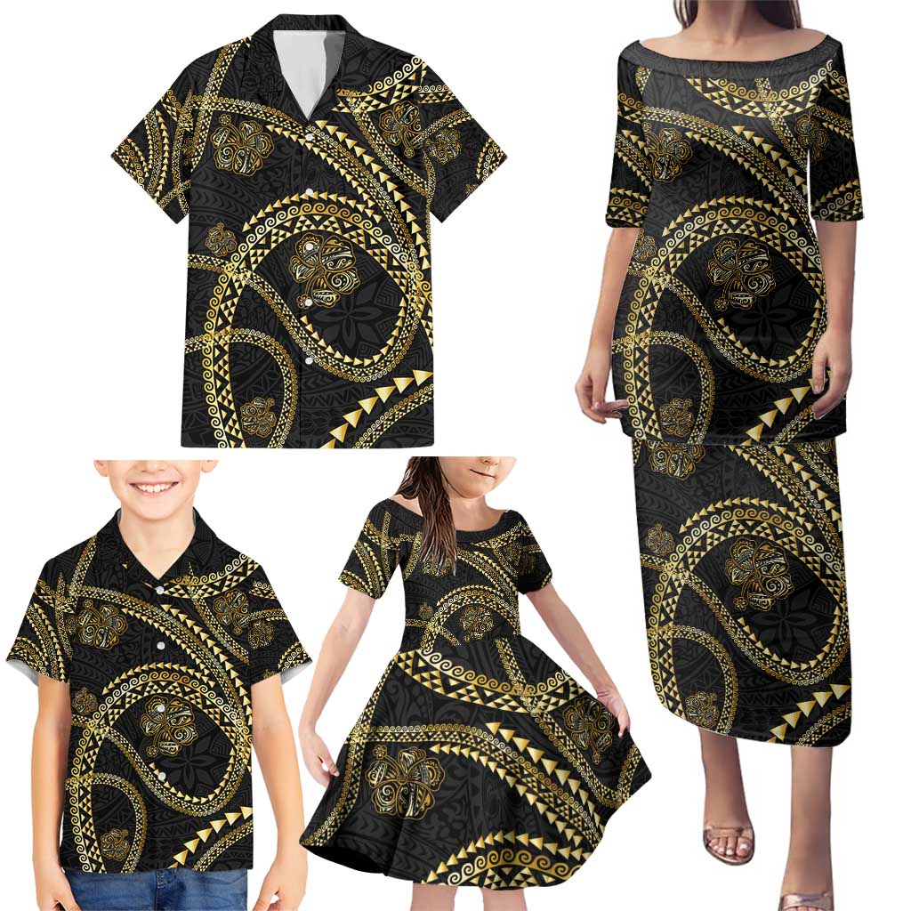 Hawaiian Kakau Art and Hisbiscus Tattoo Family Matching Puletasi and Hawaiian Shirt Tribal Pattern-Gold Style LT03 - Polynesian Pride