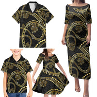 Hawaiian Kakau Art and Hisbiscus Tattoo Family Matching Puletasi and Hawaiian Shirt Tribal Pattern-Gold Style LT03 - Polynesian Pride